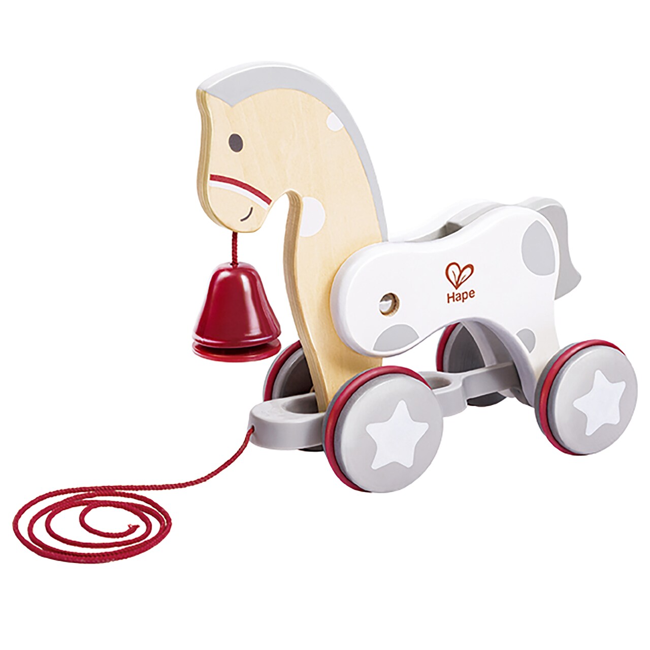 Hape: Pull Along Pony - White & Red - Wooden Toy, Moving Head & Bell, Rubber Rimmed Wheels, Push & String Take Along, Baby, Toddler & Kids Ages 1+
